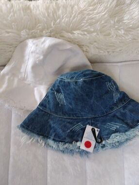 Woman's Denim Blue And White  Bucket Hat - Casual Summer Accessory's Set Of Two